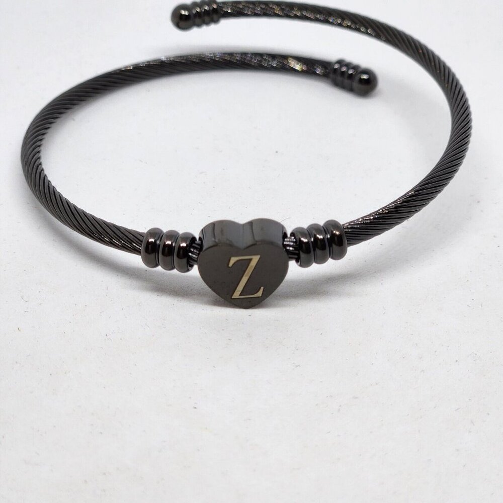 Initial Z Heart Coil Bangle Bracelet Black